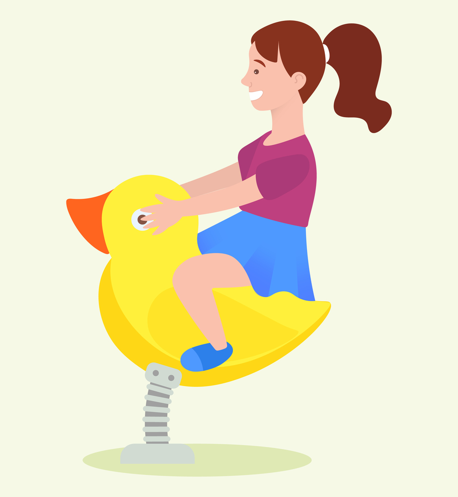 Teenager sitting on swing duck, side view of girl character in casual clothes playing outdoor, childhood activity and entertainment on playground vector. Recreation on Swing, Girl Playing Outdoor Vector