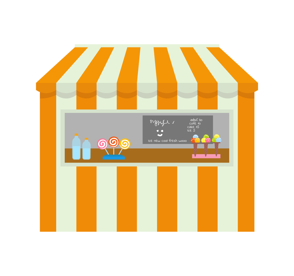 Shopping spot on amusement park vector, candy lollipop and ice cream, board with chalk marks. Striped tent to sell food and desserts, water in bottles. Amusement Park Tent with Items to Buy, Shop Kiosk