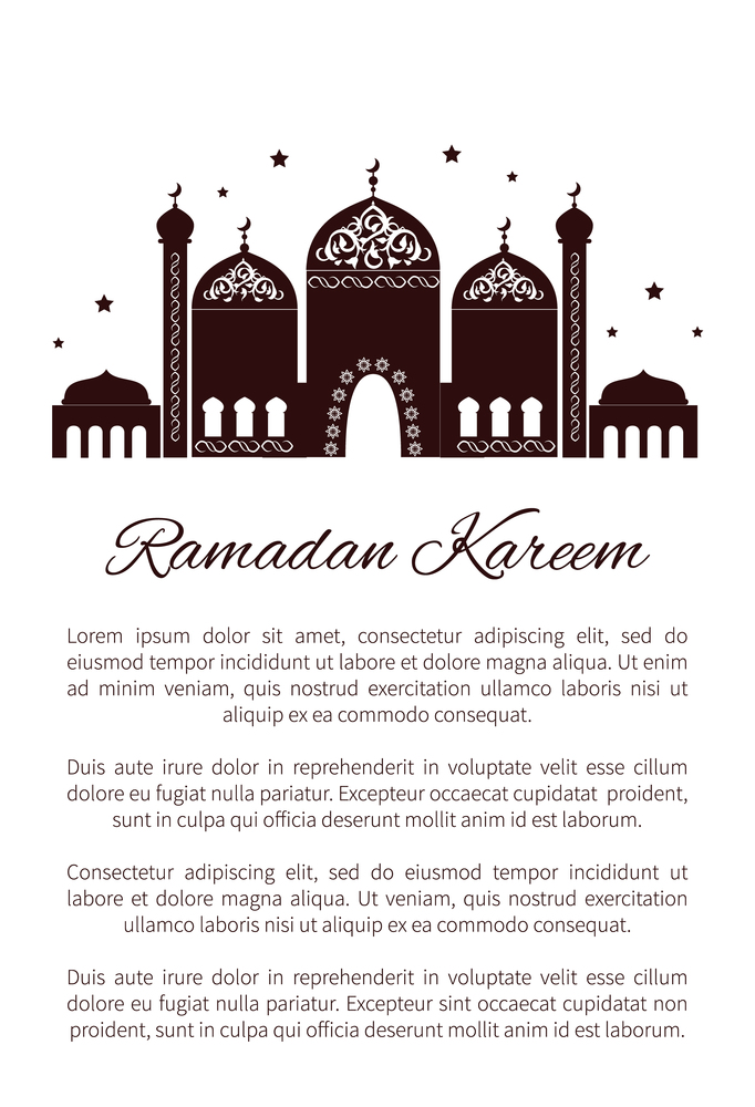 Ramadan Kareem postcard with Mosque and text sample, place of worship for Muslims with arabic ornaments on elaborate domes, minarets vector banner. Ramadan Kareem Postcard with Mosque, Worship Place