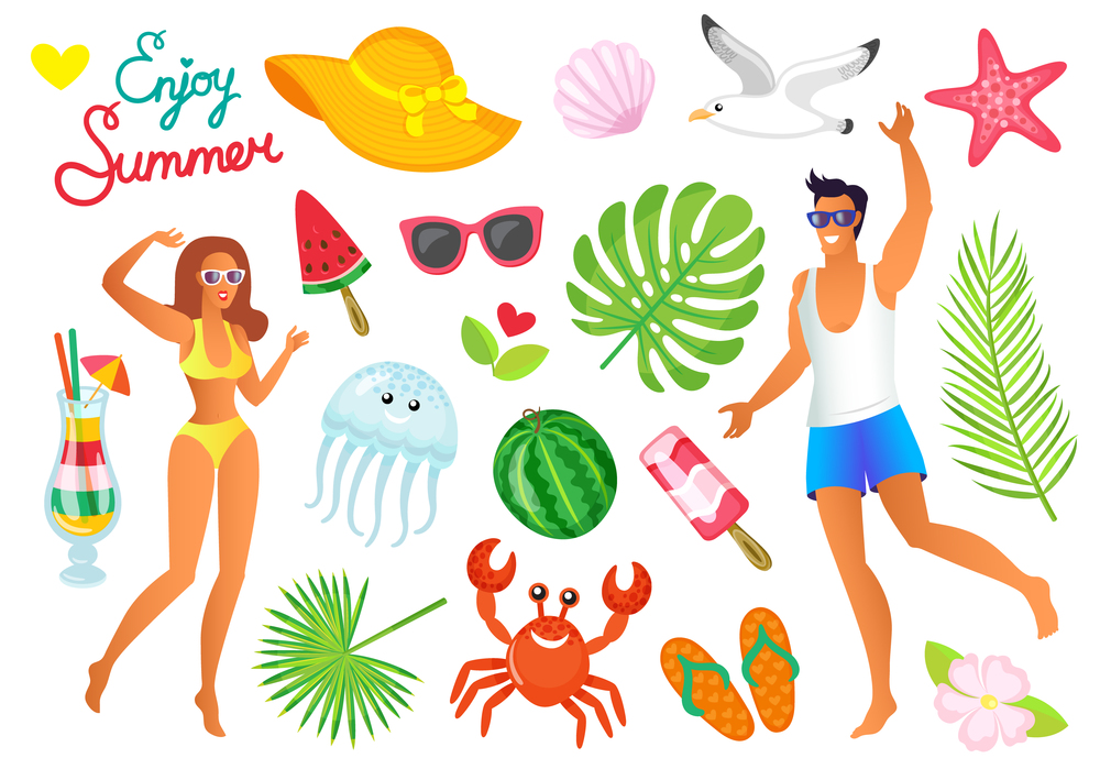 Man and woman in swimwear, summer beach symbols vector. Watermelon and cocktail, jellyfish and crab, gull and starfish, palm leaf and sunglasses, shellfish. Hot Summer Symbols, Man and Woman in Swimwear