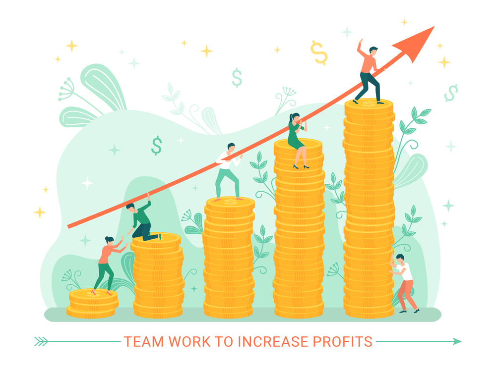 People with coins successful teamwork vector, infochart of growing profit and financial analytics and dynamics growth, gold assets businessman flat style. Teamwork to Increase Profits People with Money