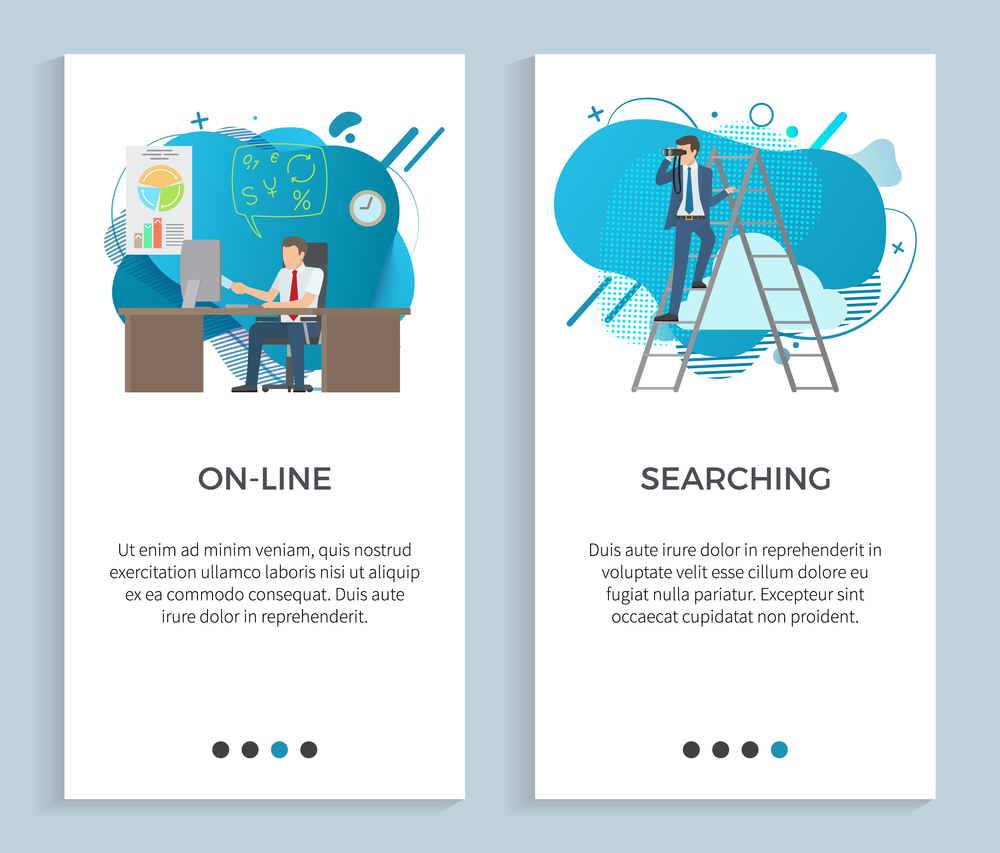 Searching businessman vector, online job interaction with business partners and colleagues, office worker with infocharts on board, male on ladder. Website or app slider, landing page flat style. Online Work, Man at Workplace with Computer Set