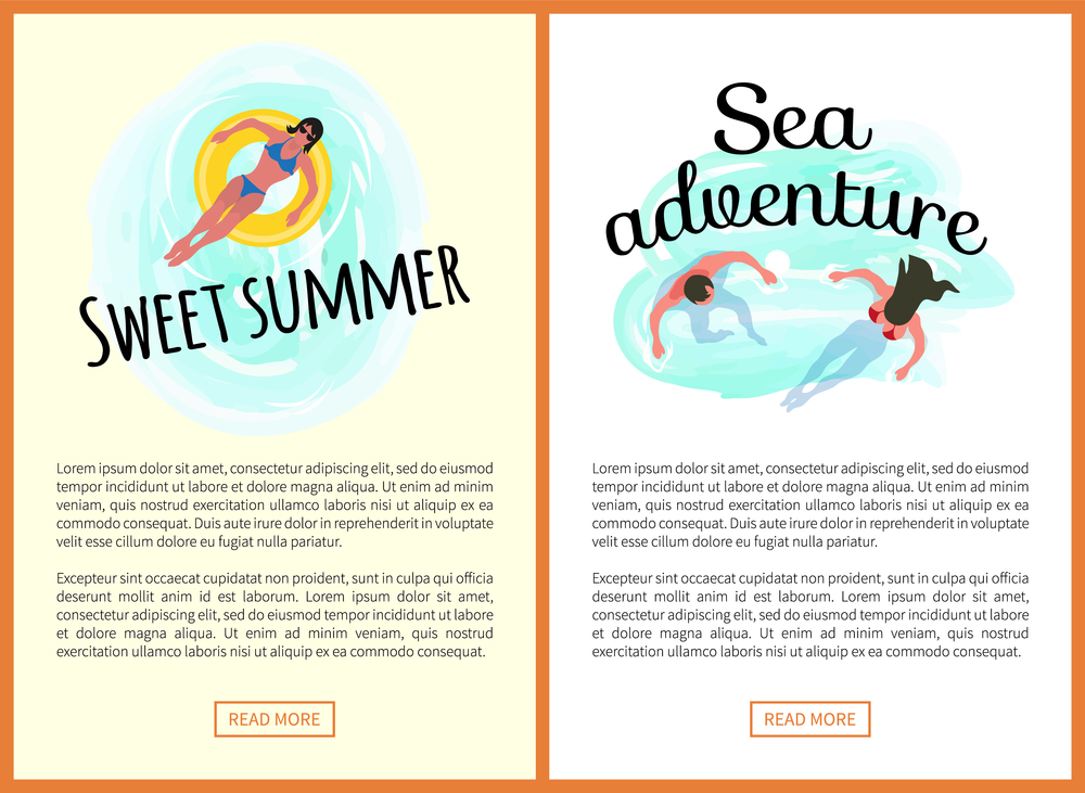 Sweet summer vector, woman laying on inflatable saving ring. Sea adventures male and female on vacation swimming in water, website set with text info. Sweet Summer and Sea Adventures Websites Text Set