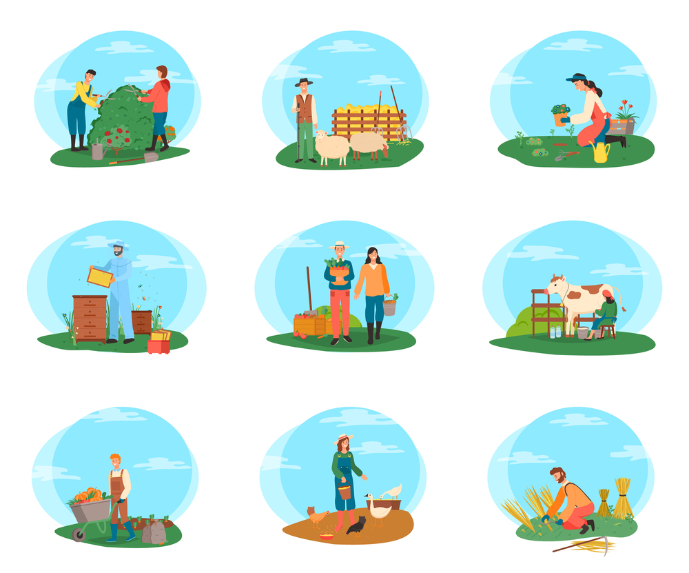 People farming and gardening vector, milkmaid with cow, male with wheat on field and couple of gardeners cutting bushes of flowers, sheep and hens. Farming People Working on Field, Gardening Set