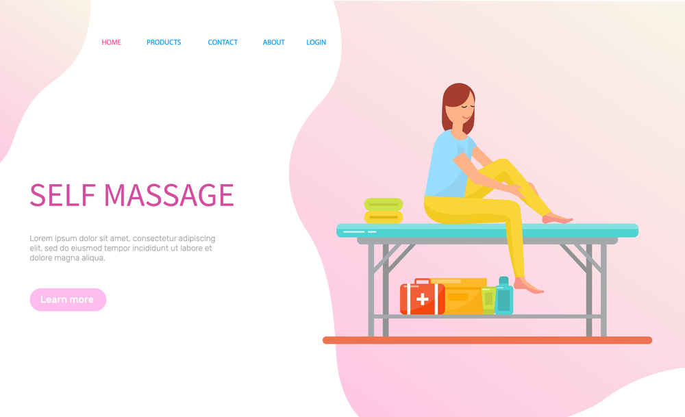 Woman making self massage, girl sitting on table with towels and cosmetics. Healthcare and relaxation of person, treatment and therapy, web page vector. Woman Making Self Massage Sitting on Table Vector