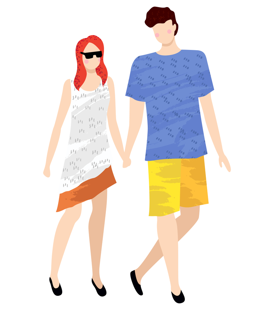 People in summer cloth walking together, isolated cartoon characters on white. Vector people on rest, woman in white dress and man in blue shirt and yellow trousers. People in Summer Cloth Walking Together, Isolated
