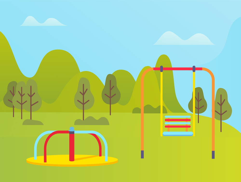 Swings and playground in park near green trees and mountains, empty and colorful place for entertainment, garden decoration, activity outdoor vector. Playground near Green Trees and Mountains Vector