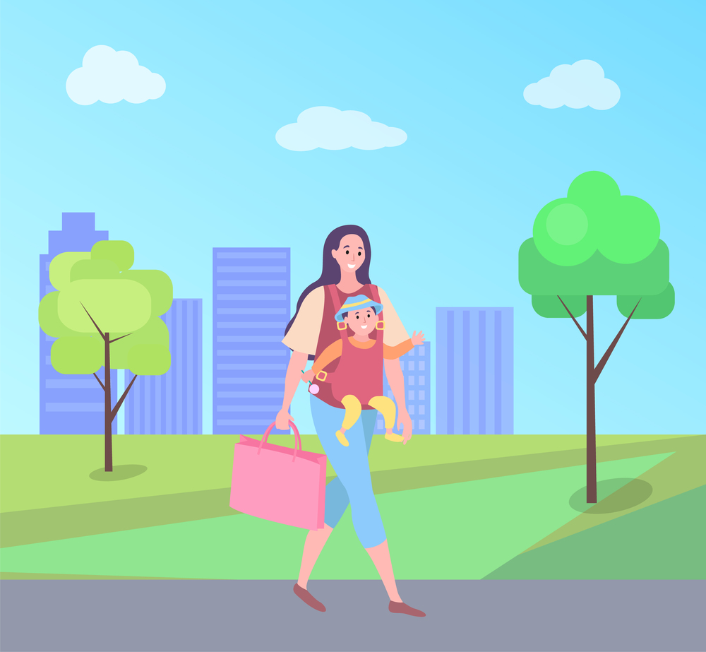 Woman holding bag vector, mother with child walking in city park with buildings. Family baby and mom, brunette character with kid pastime of people. Mother Walking with Child, Mom Carrying Small Baby