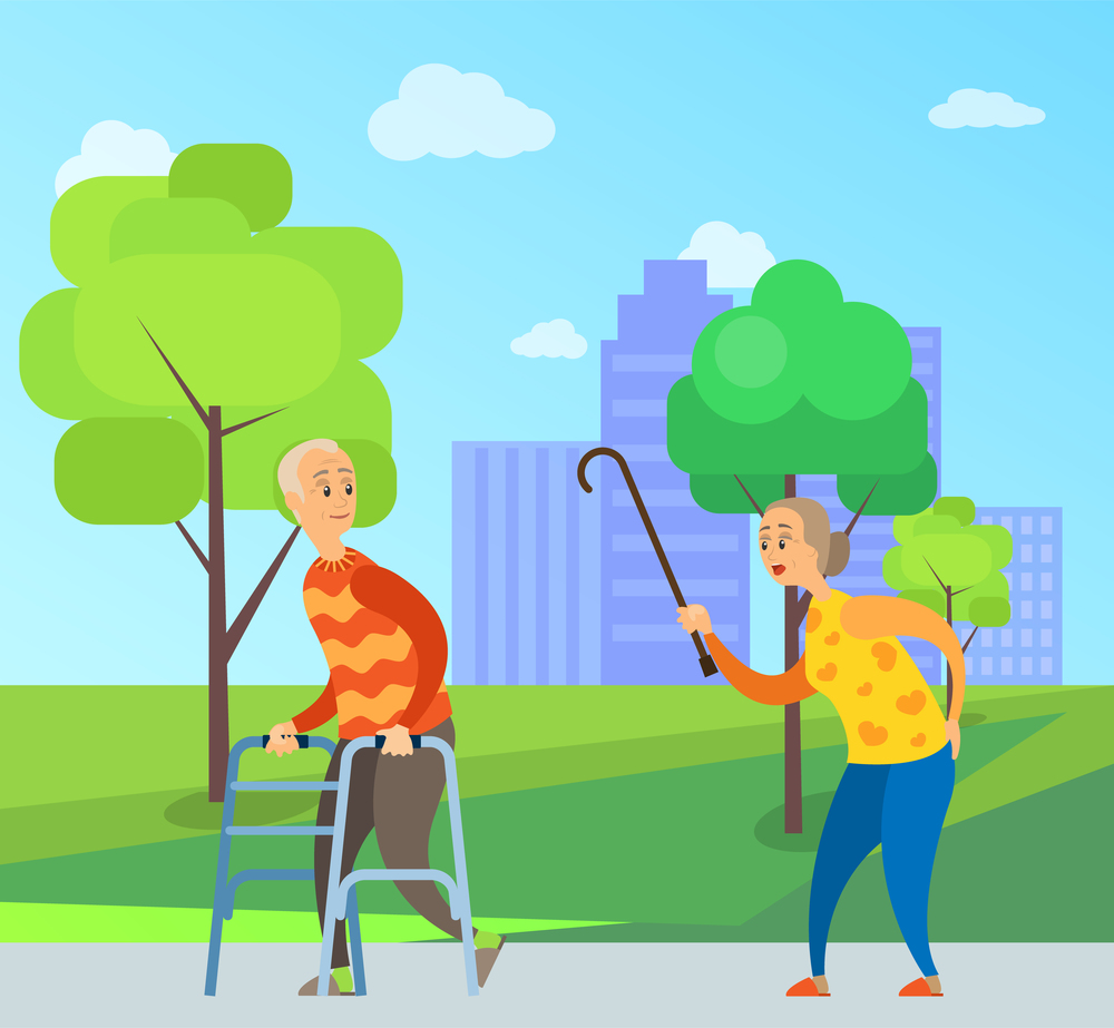 Elderly male vector, disabled man in red sweater looks back on angry old lady with wooden stick, quarrel between old people in city park with trees. Urban Walk in City Grandmother and Grandfather