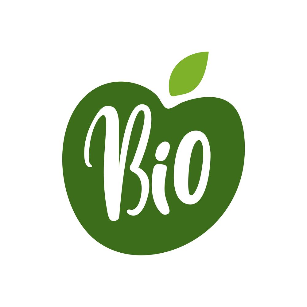 Bio fruits, green apple and inscription isolated logo. Vector eco friendly vegetarian food, vegetables and farming products. Vitamins and fiber in nutrition. Bio Fruits, Green Apple, Inscription Isolated Logo
