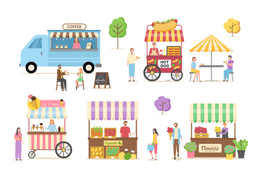 Hot dog and coffee shop vector, ice cream and flowers kiosk, vegetables market summer marketplace for customers, people eating by truck under umbrella. Shops of Street Food, Kiosk with Coffee Hot Dog