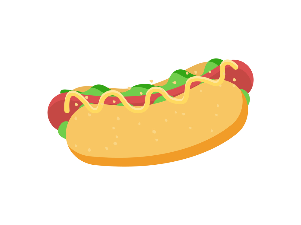 Hot dog food vector, isolated snack made of sausage and vegetables, veggies and bun, junk dish flat style, grilled banger, unhealthy meal cooked lunch. Hot Dog Snack, Bun and Sausage with Ketchup Vector