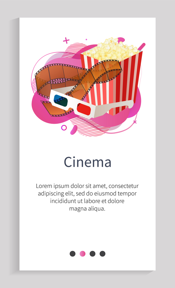 Cinema poster decorated by striped box with popcorn, glasses for watching in 3d format, movie retro roll. Media equipments, film decorations vector. Slider for cinema app entertainment application. Film Decorations, Glasses and Popcorn, Roll Vector