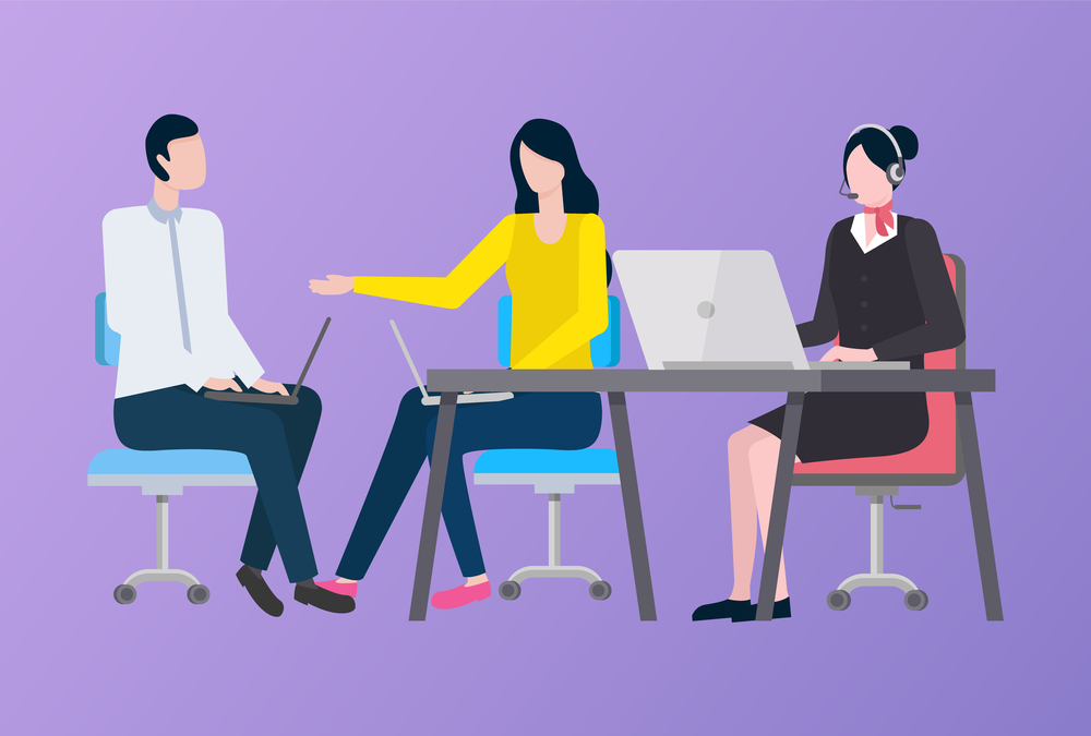 Company workers vector, agency with agents using laptops to find info, woman wearing headset looking at laptop and typing data, office workplace job. Woman and Man Working on Laptop, Company Worker