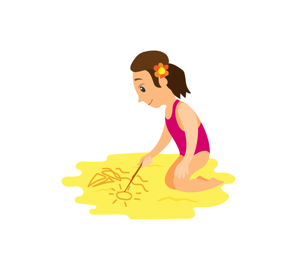 Girl sitting and drawing by stick on beach, side view of smiling woman in pink swimsuit and flower in hear, sketch on sand, summer vacation vector. Woman in Swimsuit Drawing by Stick on Beach Vector