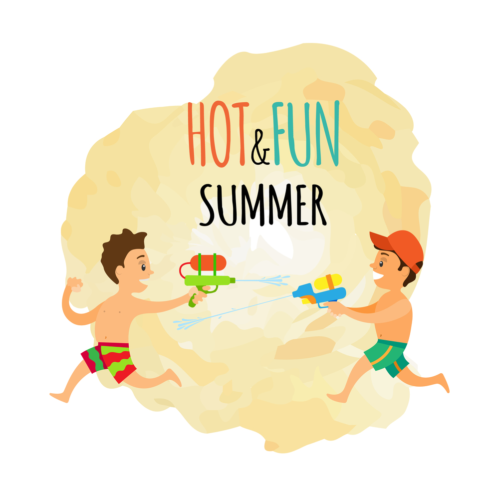 Children with water guns isolated icon, summer outdoor activity vector. Boys in swimming trunks spraying water, kids on beach, holidays or vacation. Summer Isolated Icon, Children with Water Guns