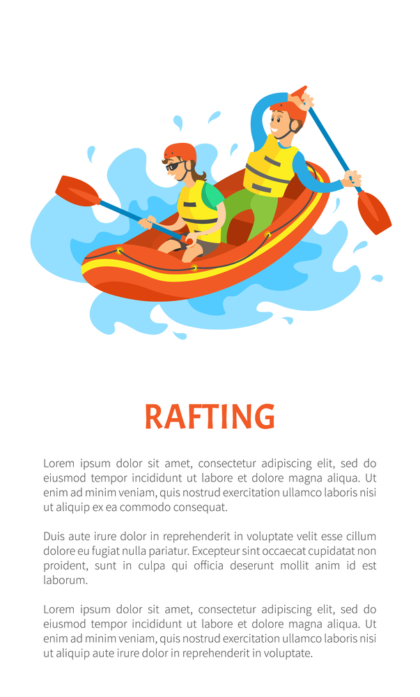 Rafting extreme sport postcard decorated by man and woman sitting on inflatable rubber boat, holding oars. People wearing helmet and life vest vector. Extreme Tourism, Rubber Boat, Rafting Sport Vector