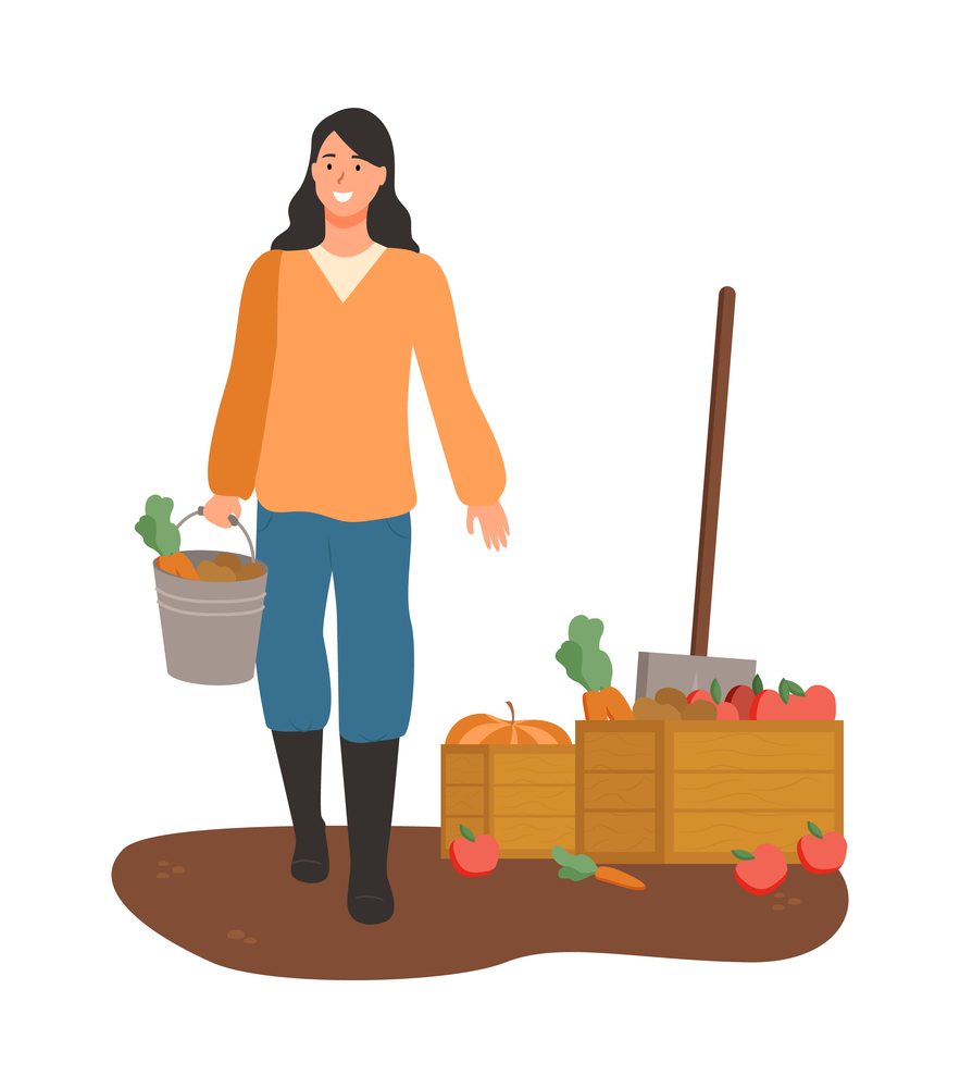 Farming woman with vegetables vector, isolated lady carrying ripe carrots fruits harvesting season flat style. Person smiling and working on field. Woman Carrying Carrots in Bucket, Box with Veggies