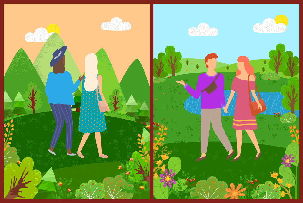 Portrait view of man and woman walking in park, friends going near flowers and mountains, landscape view, lake and trees, people leisure, nature vector. Man and Woman in Park, Friends Walking Vector