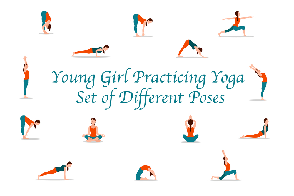 Young girl practicing yoga set of different poses vector, person wearing special comfortable sportswear isolated lady relaxing body, variety of asanas. Young Girl Practicing Yoga Set of Different Poses