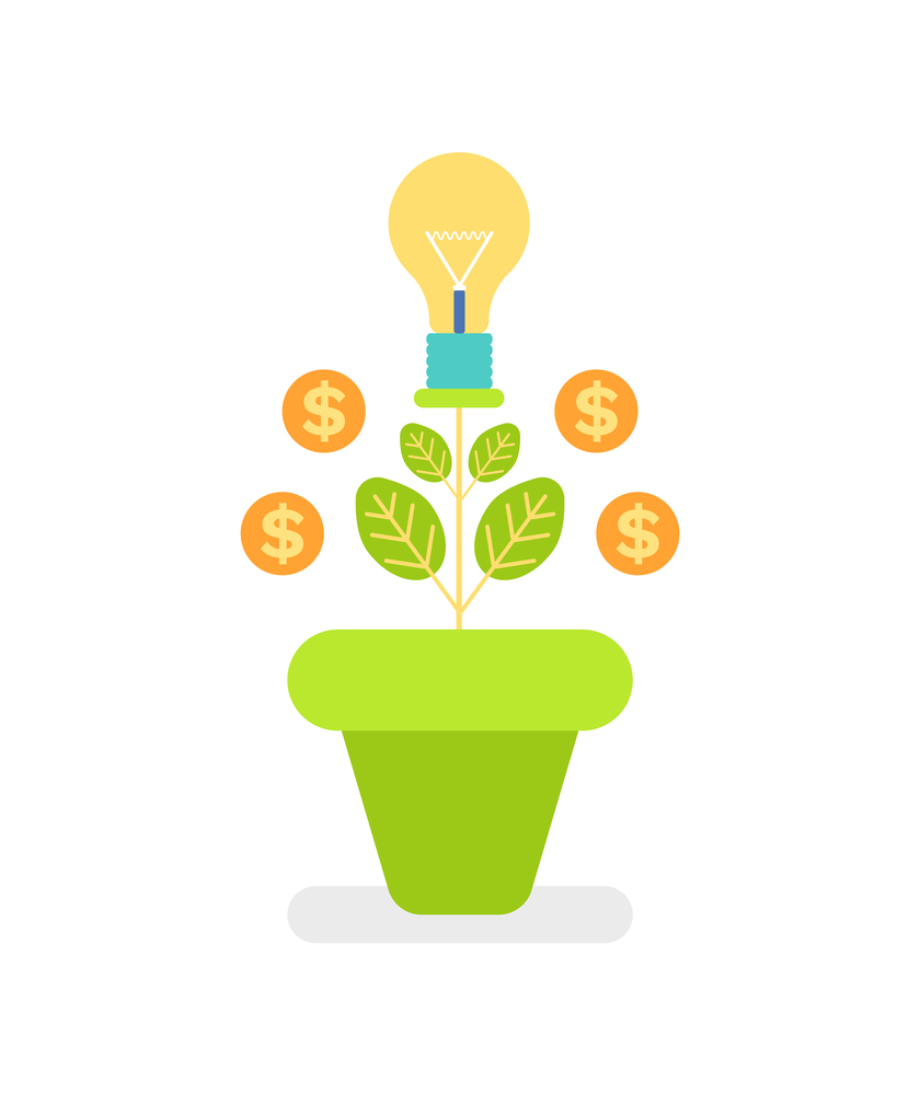 Money tree in green pot, coins and light-bulb decorations, currency symbol with leaves, growth plant, economic and marketing object, finance vector. Plant and Coins, Dollar Sign, Money Tree Vector