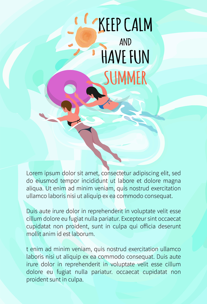 Keep cam and have fun summer poster with text sample. Women in bikini swimsuit swimming in inflatable round rings. Vector girls in rubber safety donut. Women in Bikini Swimsuit Swim in Inflatable Rings