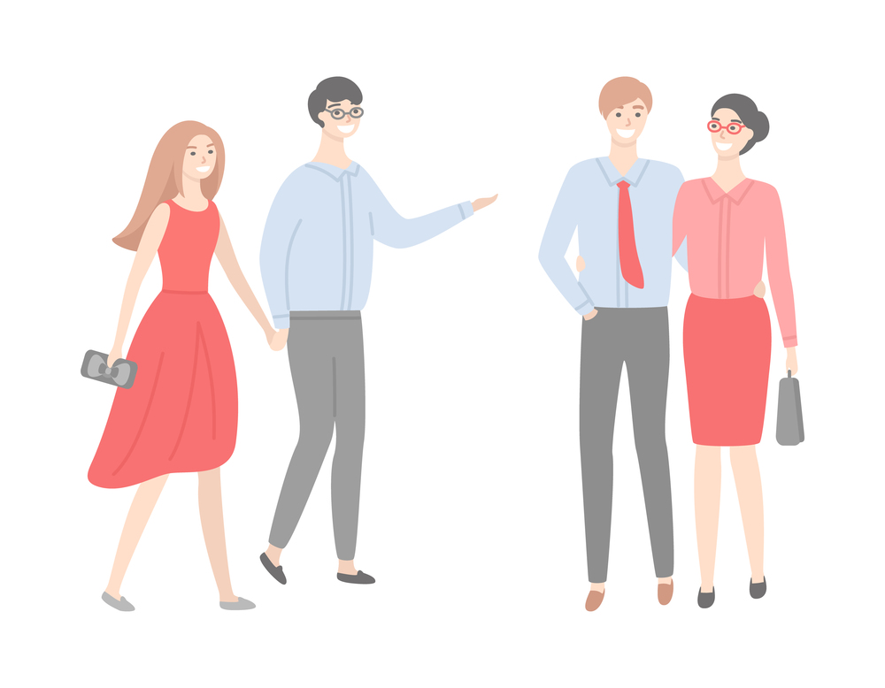 Two couples, men in shirts and trousers and women in red gowns, bag in hands. Married office workers, business people in strict cloth isolated vector. Two Couples, Men in Shirts and Trousers and Women