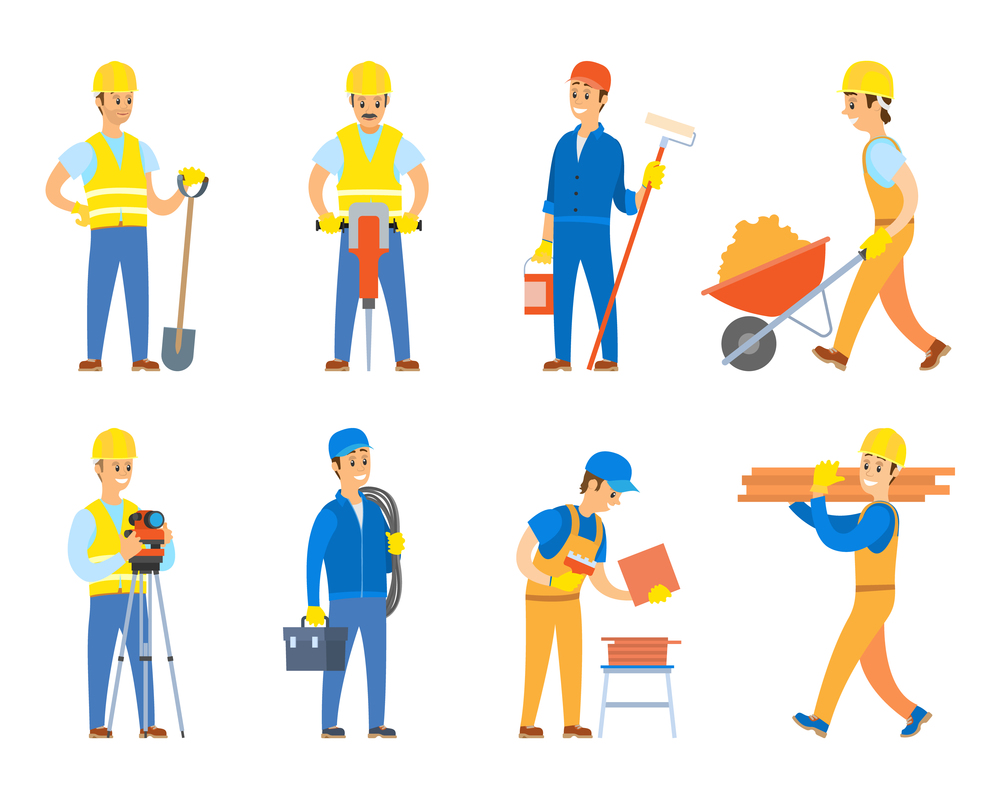 Engineers and designers for building construction vector, isolated set of character wearing uniform and using instruments, paint roller and tolley. Worker with Tools and Instrument for Work Set