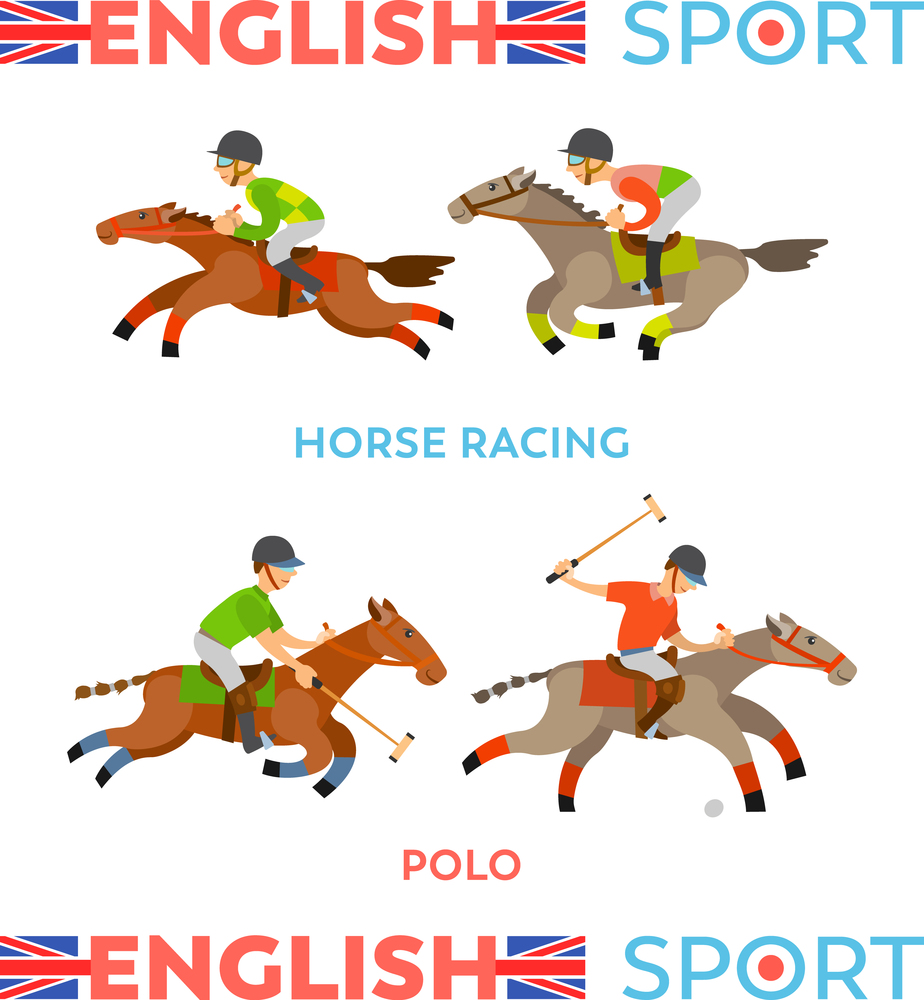 English sports types vector, male team riding horses racing, polo game. People wearing special uniform and helmets, wild and dangerous competition. English Sports Horse Racing and Polo Poster Text
