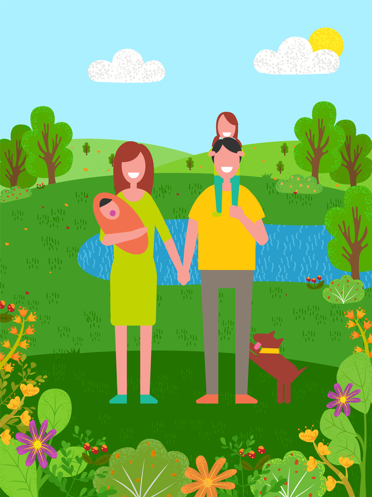 People relaxing together vector, vacation of family consisting of mother father daughter and newborn baby, lake pond and trees, sunny weather river. Summer Vacation of Father and Mother with Child