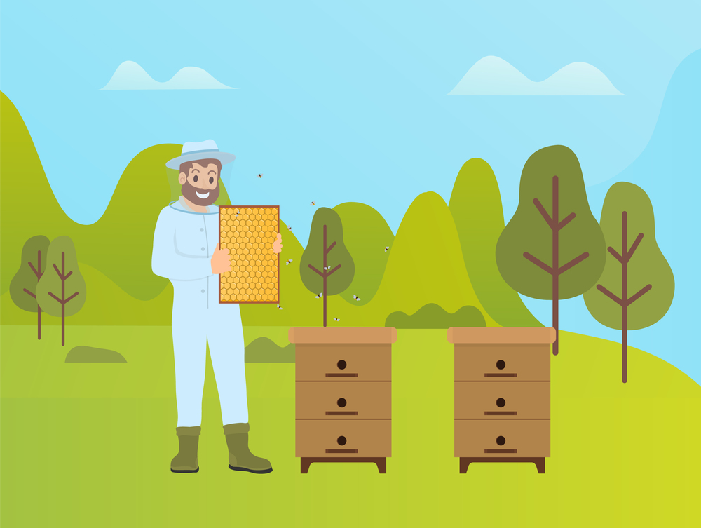 Beekeeping activity of man vector, production of honey on nature. Man with beeswax wearing special costume protecting from bees sting, forest and trees. Apiary Beekeeping on Nature, Beekeeper with Honey