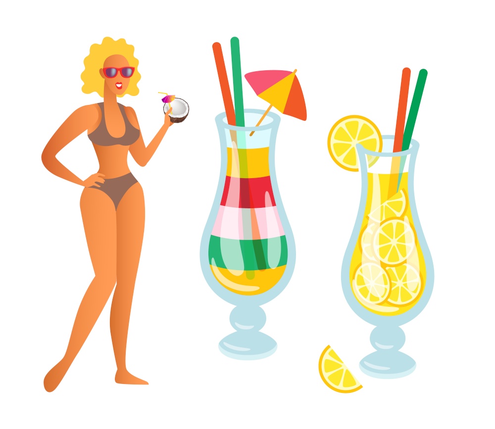 Lady partying drinking beverage vector, cocktail served with umbrella and lemon slice. Lemonade cool drink, summertime holidays in summer vacation. Woman with Cocktails, Lemonade Person Partying