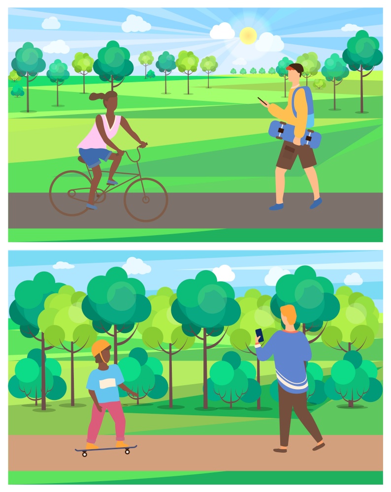 Active weekend in park, adult and children with bicycle and skateboard, man using phone, activity in park, sunny and cloudy weather, transport vector. Flat cartoon. Man and Woman on Transport in Park, Leisure Vector