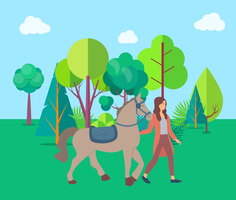 Forest nature vector, woman spending weekends with animals and natural park. Horse and female character touching mammal, mane or stallion flat style. Girl walking with brown horse. Flat cartoon. Woman and Horse on Nature, Park or Farm Forest