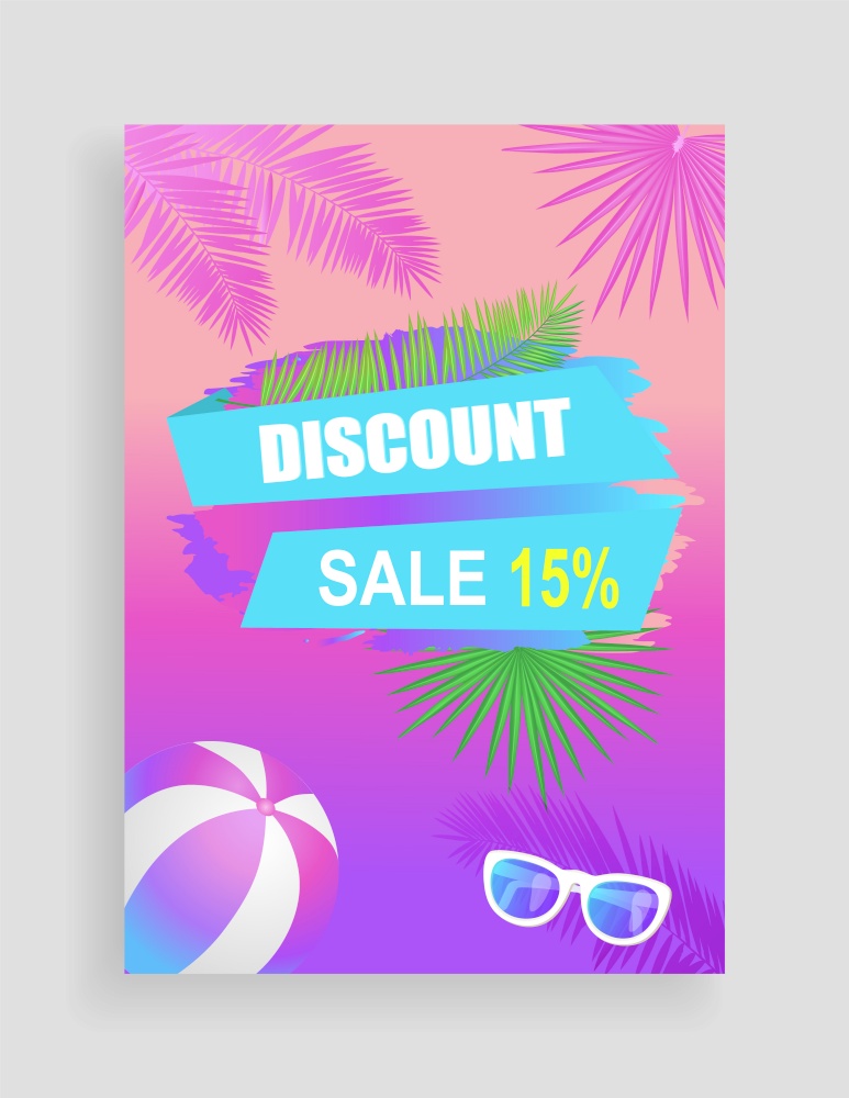 Discount sale, season promotion shaped ribbon, vector leaflet sample. Sun glasses and double color beach ball, palm leaves print, wallpaper pattern. Flat cartoon. Summer Sale Vector Banner Promotion Leaflet Sample