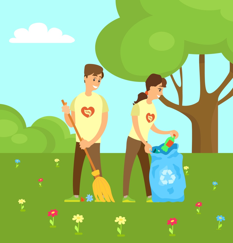 Volunteers collecting garbage and sweeping in green park or forest. Vector people social workers in volunteering organization, taking care about environment. Flat cartoon. Volunteers Collecting Garbage and Sweeping in Park
