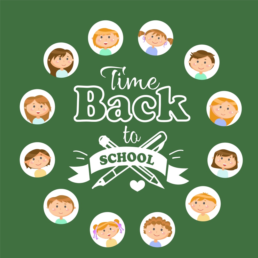 Girls and boys pupils, back to school lettering vector. Pen and pencil, stationery tools and students avatars, education and knowledge, writing supplies. Back to school concept. Flat cartoon. Back to School Lettering, Girls and Boys, Pupils