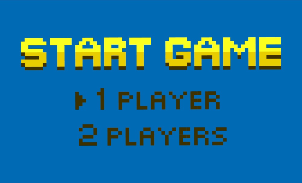 Start game vector, choice between one or two players mode, flat style option for gamers, retro pixel art gamification. Color fonts question interface. Pixelated video-game. Start Game One or Two Players Option Pixel Design
