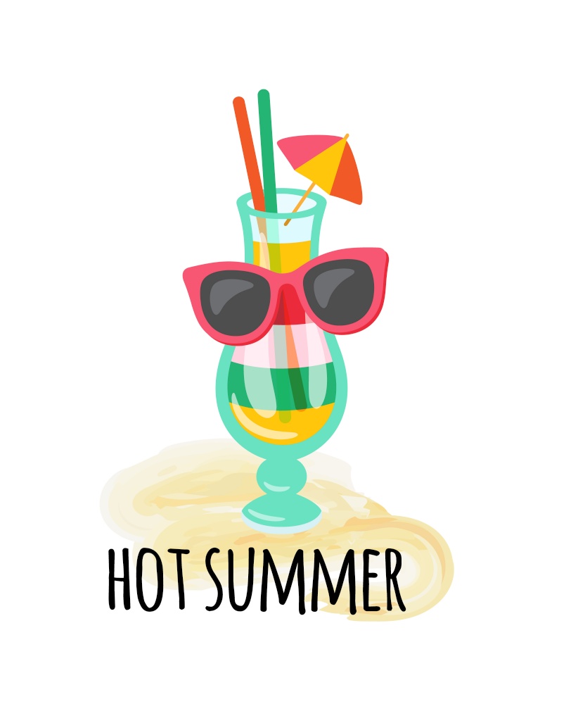 Hot summer cocktail made in layers vector, exotic alcoholic drink in sunglasses. Refreshing summertime beverage with straw and umbrella isolated on sand. Cocktail Served with Umbrella Straws in Sunglasses