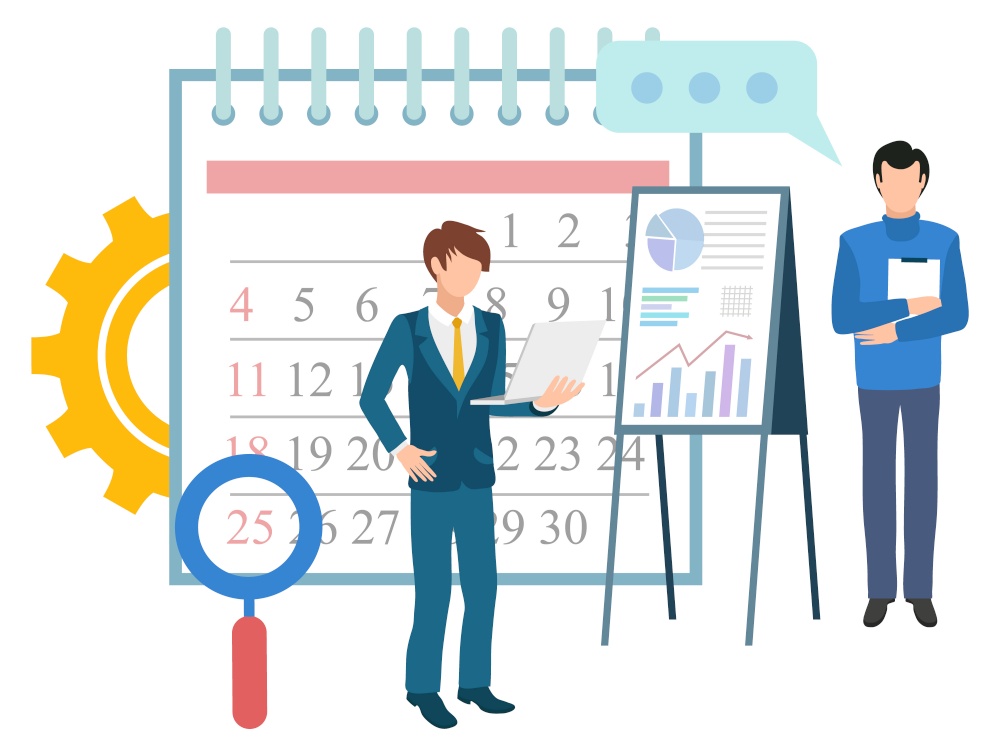Deadline and time management vector, business organization of work. Calendar with dates, magnifying glass and whiteboard with charts and data visual. Flat cartoon. Calender and Workers, Business Management Deadline