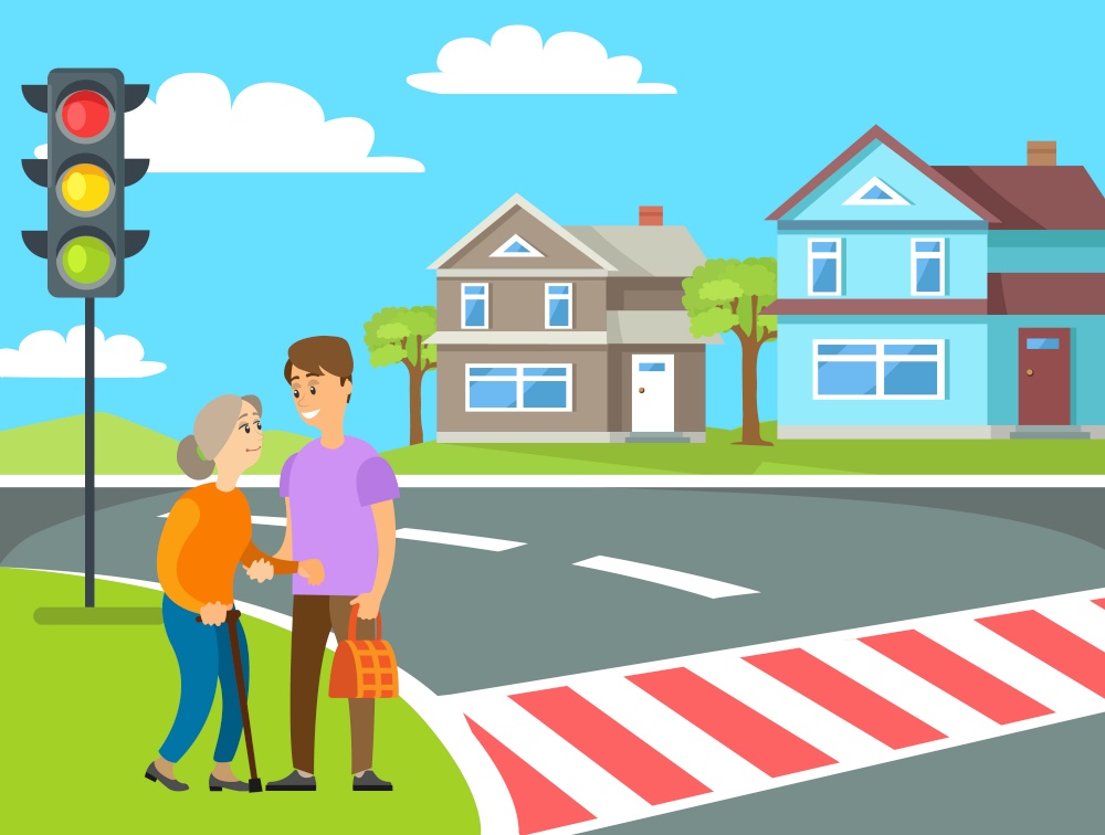 Man helping grandma crossing road by zebra, volunteering to old woman, pedestrians near traffic light and buildings, trees and clouds, roadway vector. Flat cartoon. Old Woman Crossing Roadway, Pedestrian Vector