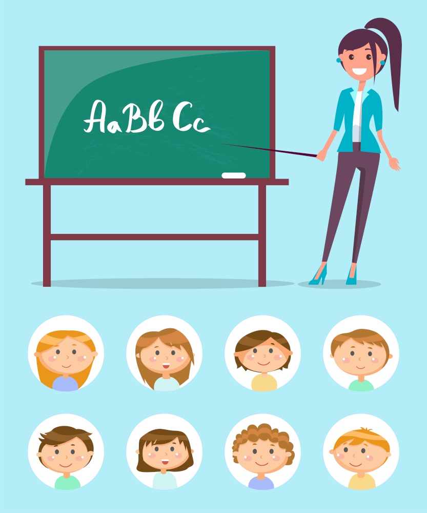 Woman with pointer, English teacher near chalkboard, students or pupils vector. School education and knowledge, writing subject, children avatars. Back to school concept. Flat cartoon. English Teacher near Chalkboard with ABC Letters