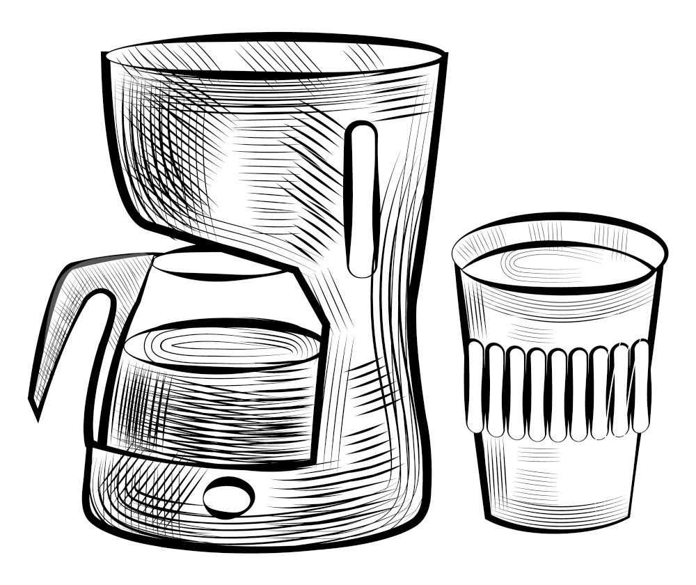 Coffee beverage poured in plastic cup vector, monochrome sketch outline set. Colorless drink in coffeemaker machine with glass pot flat style takeout. Coffee Making Machine and Plastic Cup Monochrome