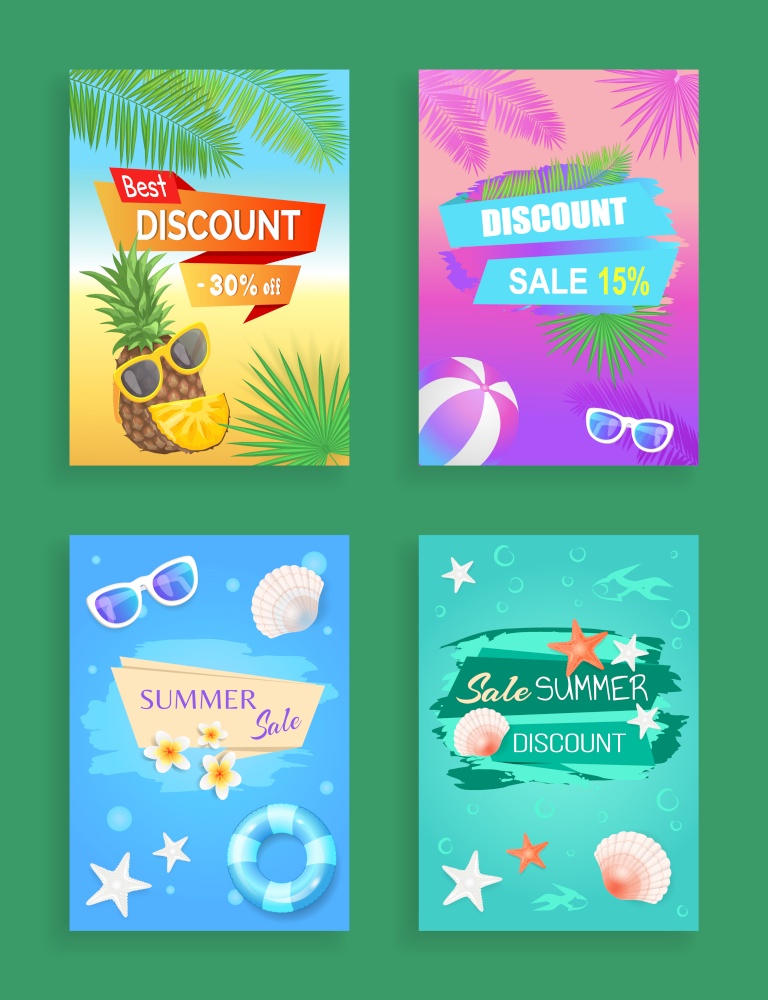 Best discount offer, summer sale, vector shaped ribbon. Sun glasses, inflatable ring, beach ball, pineapple and flower, shell and star, palm leaves. Summer Sale Vector Banner Promotion Leaflet Sample