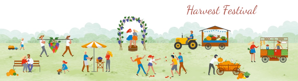 Harvest festival, man and woman outdoors celebration of holidays. Street with arcs and vineyard, females dancing on grapes market and agriculture. Funny spending time on harvest festival. Flat cartoon. Harvest Festival People Celebrating Outdoor Vector