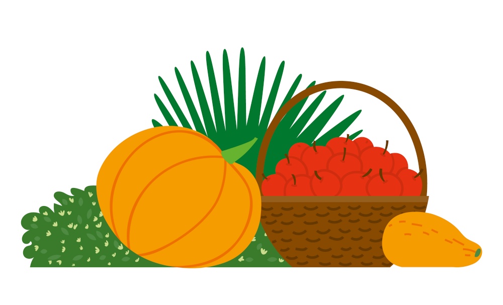 Fruit and vegetables with green plant, pumpkin and melon products, harvesting apples in basket. Vegetarian food, harvest festival in Europe vector. Flat cartoon. Harvest Apples, Pumpkin and Melon, Festival Vector