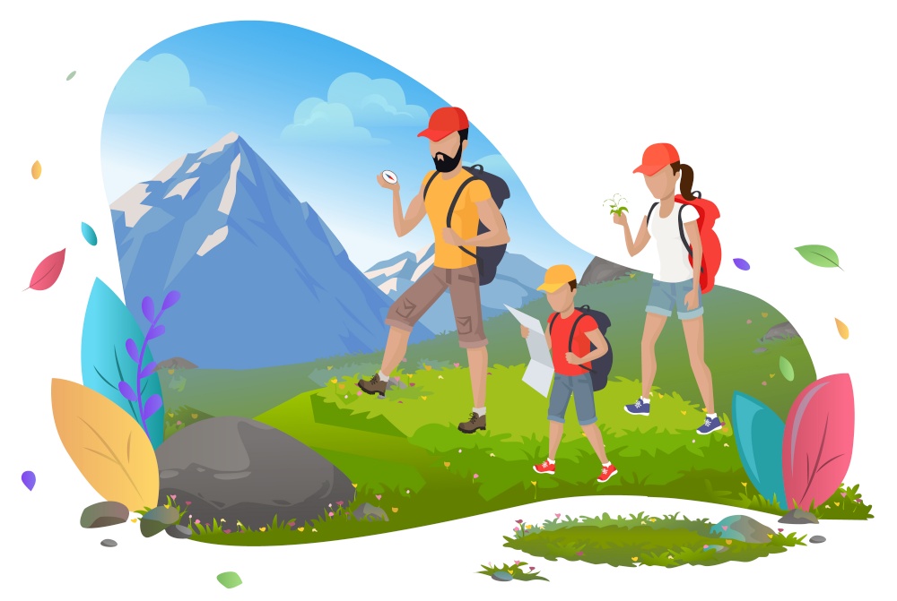 Hiking man and woman with son, hikers or backpackers vector. Outdoor activity, mountain or rock, family walking with backpacks, wild nature and sport. Mountain tourism. Flat cartoon. Family Hiking, Mountain Tourism, Outdoor Activity