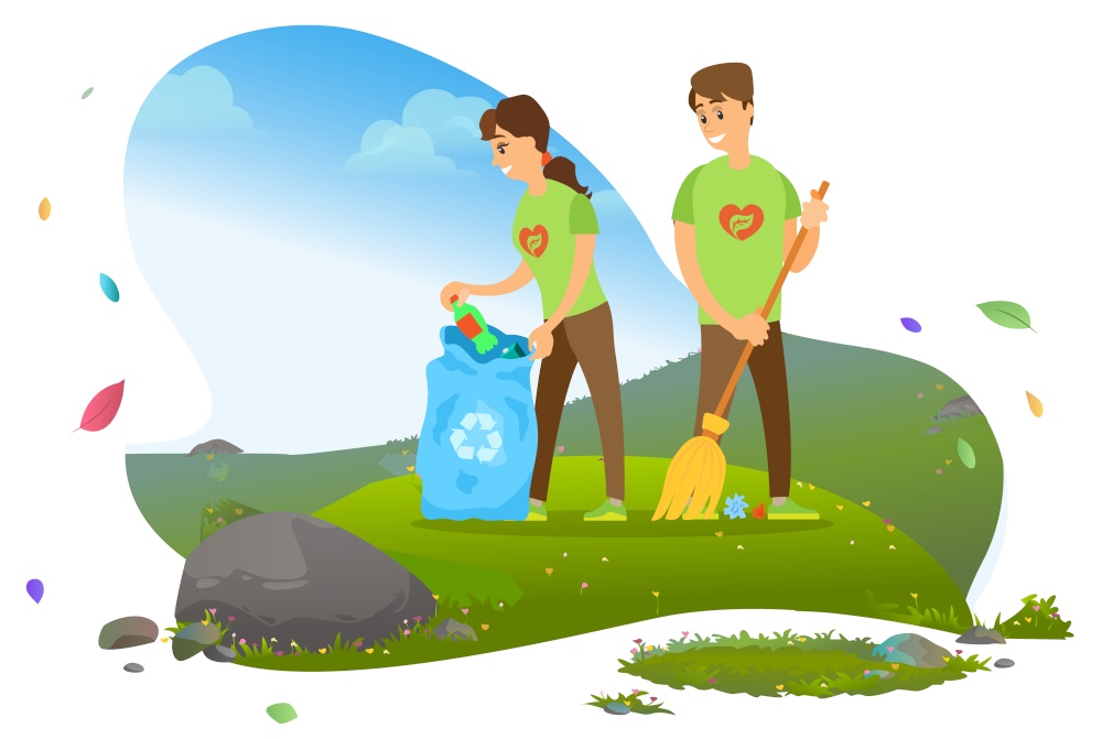 Ecology and environment, man and woman, collecting garbage in recycling pin vector. Rubbish and litter reduction, cleaning and waste separation, volunteers. Mountain tourism. Flat cartoon. Man and Woman Collecting Garbage in Recycling Bin
