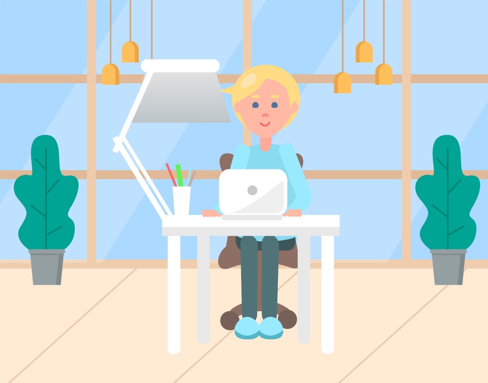 Person typing on laptop vector, flat style character working in office. Workplace of blond, box with pencil and supplies, lamp and decoration plants. Modern office with big windows. Blond Man Working on Computer in Office Workplace