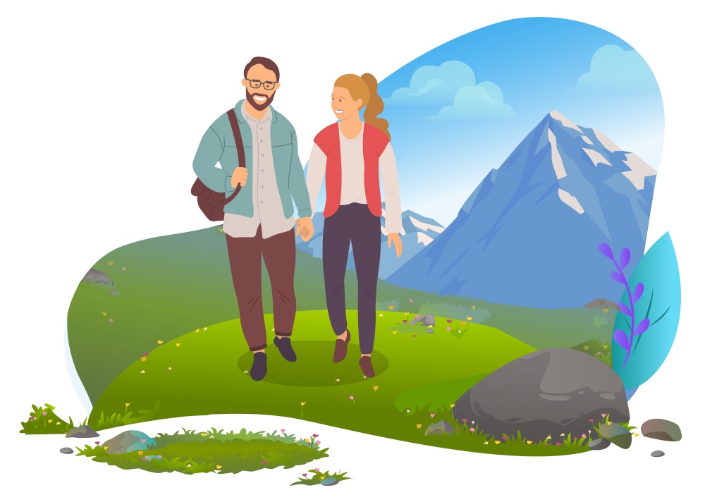 Couple hiking in mountains, man and woman, date vetcor. Walking with backpack, camping or backpacking, boyfriend and girlfriend, outdoor activity. Mountain tourism. Date in Mountains, Couple Hiking, Man and Woman